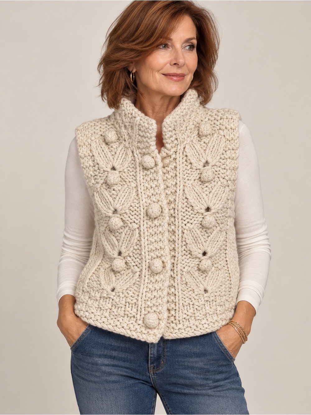 Cozy Cream Chunky Knit Button-Front Sweater Vest - SzS
